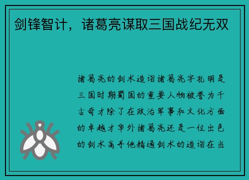 剑锋智计，诸葛亮谋取三国战纪无双